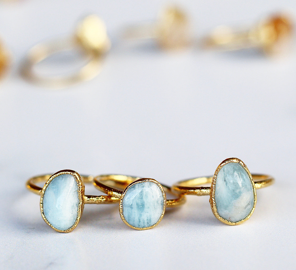 Polished Aquamarine Ring in Gold, gold electroformed, aquamarine stone, gold aquamarine, gold electroformed, crystal jewelry, March birthstone, crystal jewelry, birthstone crystal, stone ring gold, Blossom jewels, Buddha Blossom