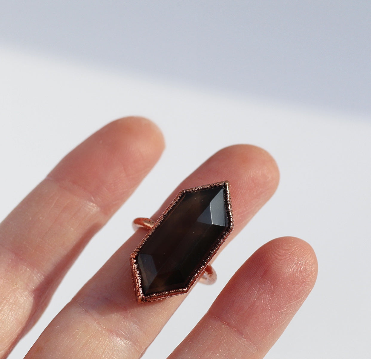 Double Terminated Smoky Quartz Cocktail Ring in Copper